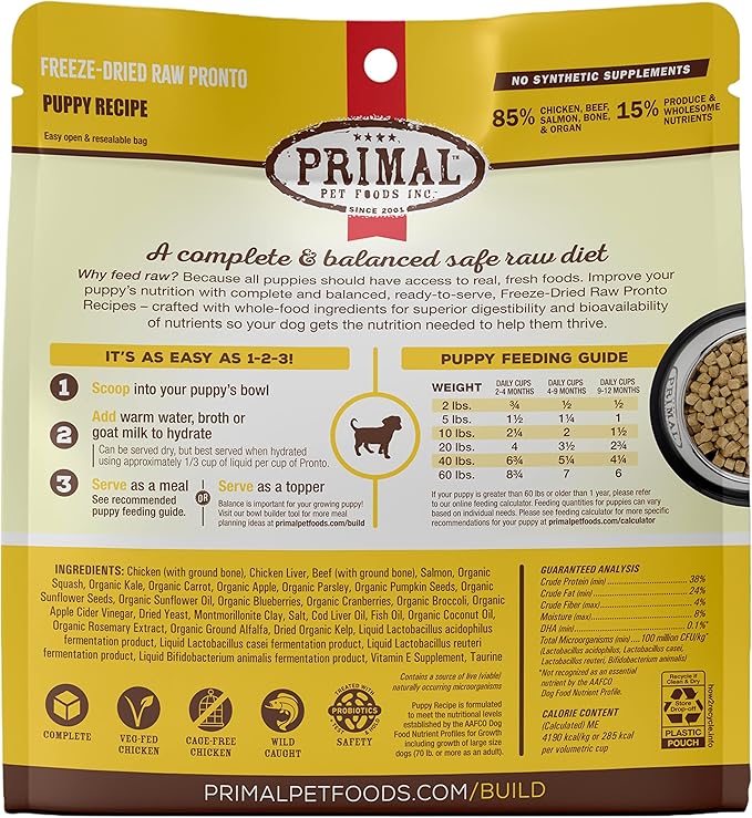 Primal Puppy Dog Food, Freeze Dried Dog Food, Pronto; Scoop & Serve, Complete & Balanced Meal; Also Use As Topper or Treat; Premium, Healthy, Grain Free, High Protein Raw Dog Food (25 oz, 2-pack)