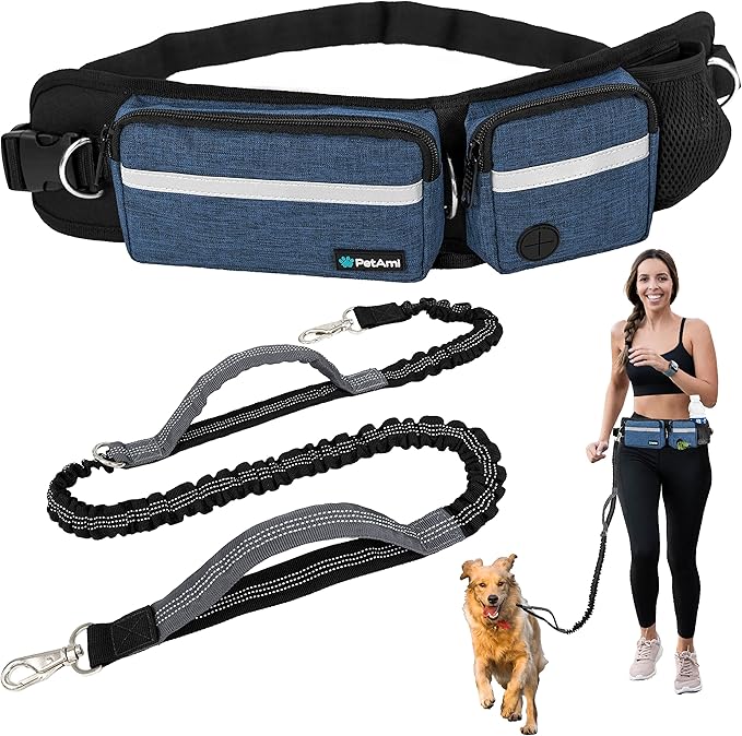 PetAmi Hands Free Dog Leash, Dog Running Leash Belt Bag for Walking, Jogging, Dog Waist Double Zipper Pouch with Poop Bag Dispenser, Dual Padded Handles Reflective Bungee Leash, Single