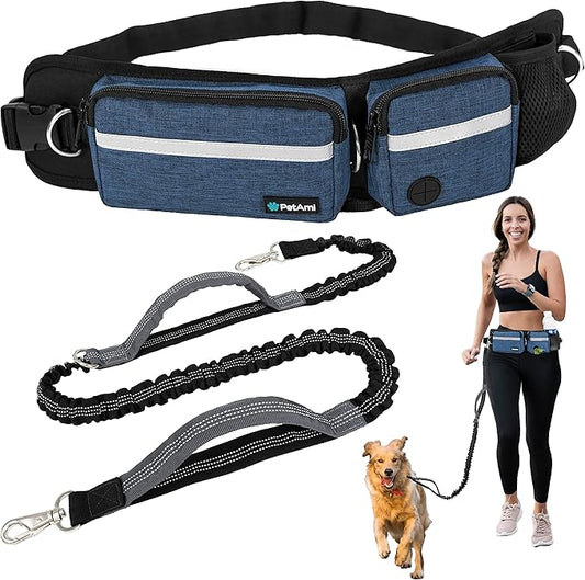 PetAmi Hands Free Dog Leash, Dog Running Leash Belt Bag for Walking, Jogging, Dog Waist Double Zipper Pouch with Poop Bag Dispenser, Dual Padded Handles Reflective Bungee Leash, Single