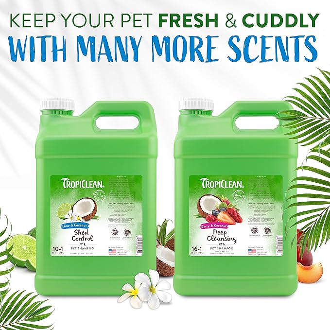 TropiClean Lime & Coconut Deshedding Dog Shampoo for Shedding Control | Natural Pet Shampoo Derived from Natural Ingredients | Cat Friendly | Made in the USA | 2.5 gal.