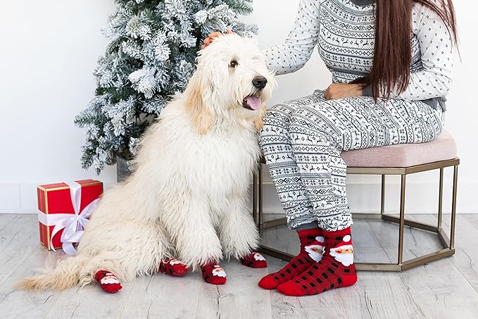 Pearhead Human and Dog Christmas Socks, Matching Pet Owner and Pet Apparel, Novelty Holiday Santa Claus Socks, Unisex One Size Fun Socks, Pet Lover Gifts, Christmas Stocking Stuffer