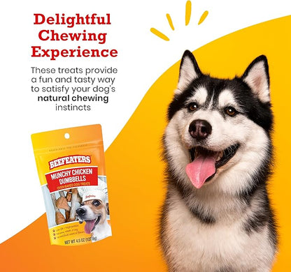 Beefeaters Dog Treats - Munchy Chicken Dumbbells 4.5oz, Case of 6 | Dog Food Savory Real Chicken & Beef Hide Treats | High Protein & Low Fat | Training Treats for All Dog Sizes