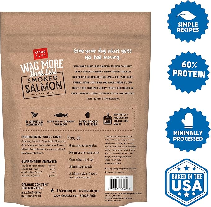 Cloud Star Wag More Bark Less Jerky Dog Treats, Smoked Salmon, 10 oz. Pouch