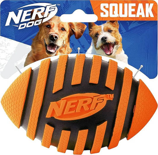 Nerf Dog Rubber Football Dog Toy with Spiral Squeaker, Lightweight, Durable and Water Resistant, 5 Inch Diameter for Medium/Large Breeds, Single Unit, Orange (8915)