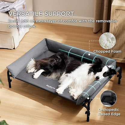 Bedsure Elevated Raised Outdoor Dog Bed - Cooling Dog Cot Bed with Bolster for Large Dog, Lifted Pet Bed with Durable Breathable Teslin Mesh, Dog Hammock Bed with Non-Slip Feet, Grey, 42 inches