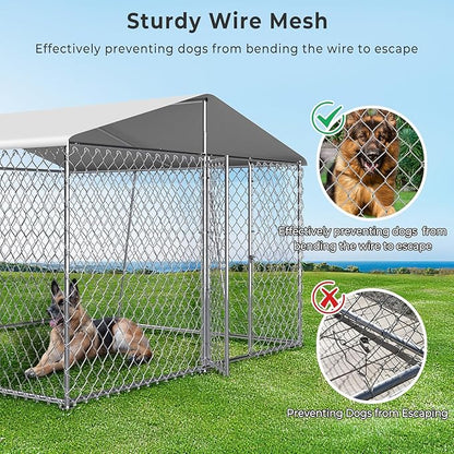 Upgraded 10×10FT Outdoor Dog Kennel with Cover Roof, Extra Large Dog Run House Pen Enclosure with Side Rod, Heavy Duty Chain Link Dog Kennel with Lock for Outside Backyard