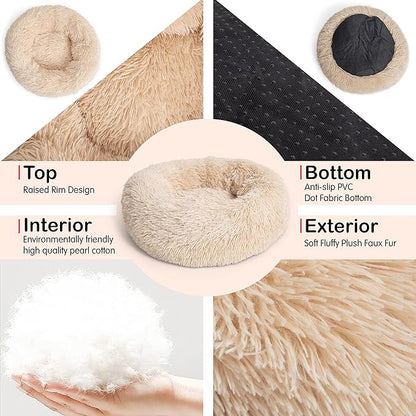 Small Dog Bed Calming Dogs Bed for Small Medium Large Dogs Anti-Anxiety Puppy Bed Machine Washable Warming Cozy Soft Pet Round Bed Fits up to 10-100 lbs (Small (Pack of 1), Beige)