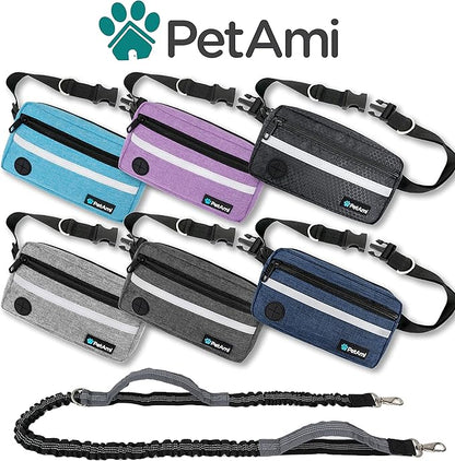 PetAmi Hands Free Dog Leash, Dog Running Leash Belt for Walking Jogging, Dog Waist Zipper Pouch Fanny Pack with Poop Bag Dispenser, Dual Padded Handle Bungee Leash for Small Medium Large Dogs, Single