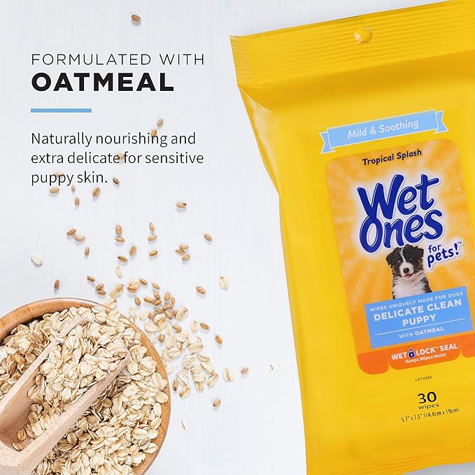 Wet Ones for Pets Delicate Clean Puppy Cleaning Wipes With Oatmeal | Mild & Soothing Puppy Grooming Wipes in Tropical Splash Scent, Wet Ones Wipes with Wet Lock Seal | 30 Ct Pouch Dog Wipes