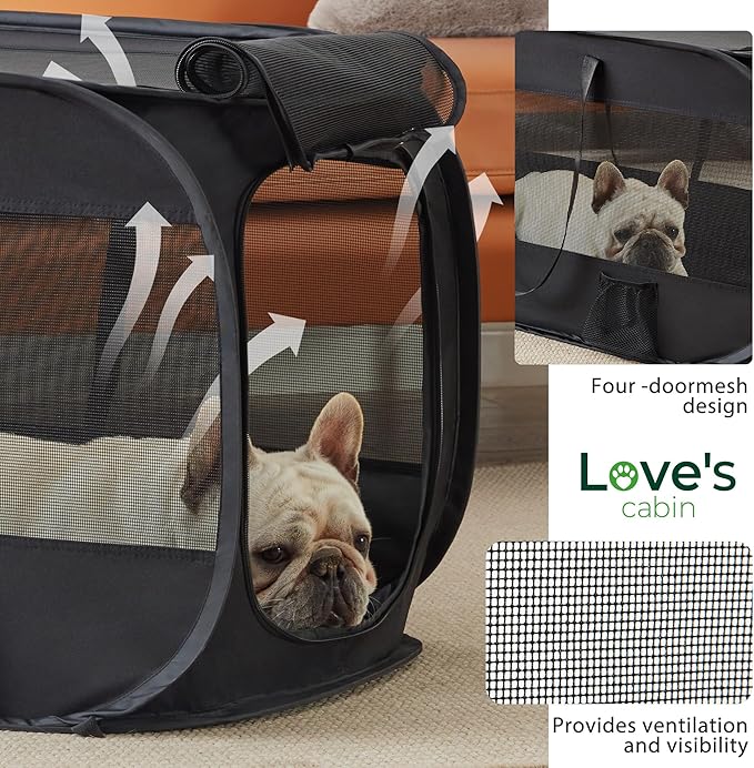 Love's cabin 36in Portable Upgrade Large Dog Bed - Pop Up Dog Kennel, Indoor Outdoor Crate for Pets, Portable Car Seat Kennel, Cat Bed Collection, Black