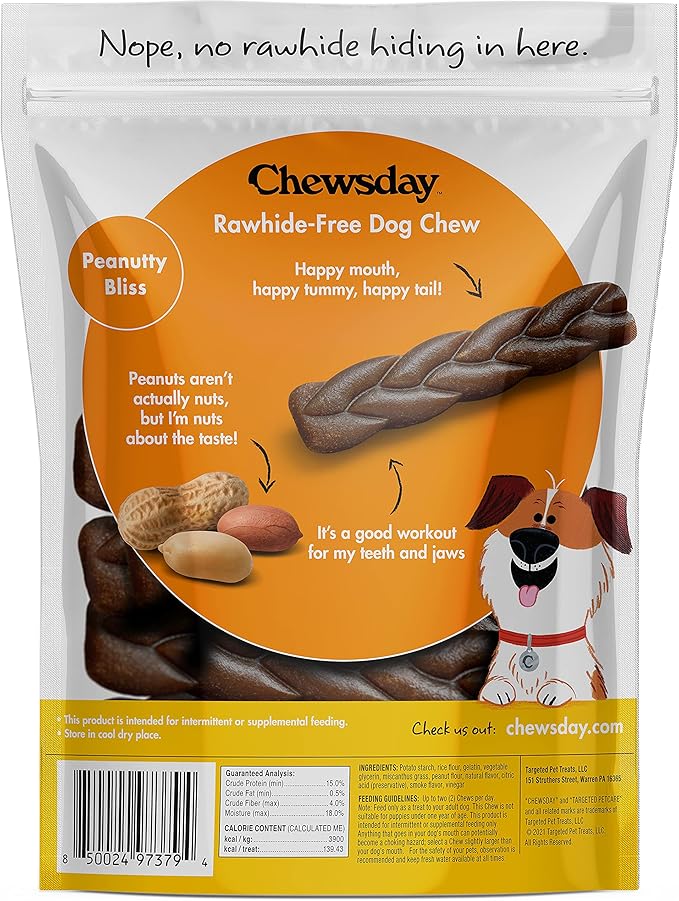 5-Inch Dog Chew Braids, Made in The USA, All Natural Rawhide-Free Highly-Digestible Treats, Peanutty Bliss - 14 Count
