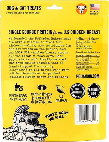 Polkadog Chicken Strip Jerky Dog & Cat Treat - Handmade, Single-Ingredient, Grain Free, USA Farm-Raised Chicken - Dog Jerky Treat - Made in USA, 3oz