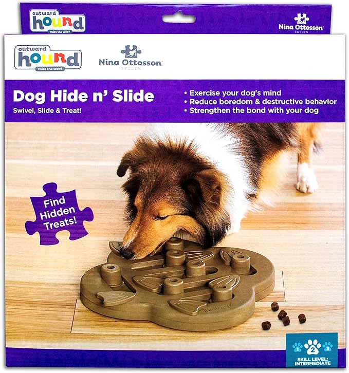 Outward Hound Nina Ottosson Dog Hide N' Slide Dog Puzzle Interactive Treat Puzzle Dog Enrichment Dog Toy, Level 2 Intermediate, Tan, Composite