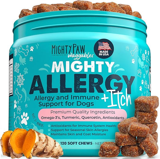 Mighty Paw Waggables Allergy Immune + Itch (Made in the USA) | Dog Allergy Chews Anti-Itch for Dogs. Dog Allergy Support Dog Vitamins for Skin and Coat Allergies. Omega 3 & Quercetin for Dogs (120 Ct)