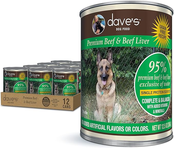 Dave's Pet Food Grain Free Wet Dog Food (95% Beef & Beef Liver), Made in USA Single-Source Protein, Limited Ingredients Added Vitamins & Minerals, 12.5 oz Cans (Case of 12)