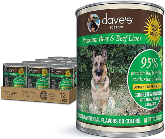 Dave's Pet Food Grain Free Wet Dog Food (95% Beef & Beef Liver), Made in USA Single-Source Protein, Limited Ingredients Added Vitamins & Minerals, 12.5 oz Cans (Case of 12)