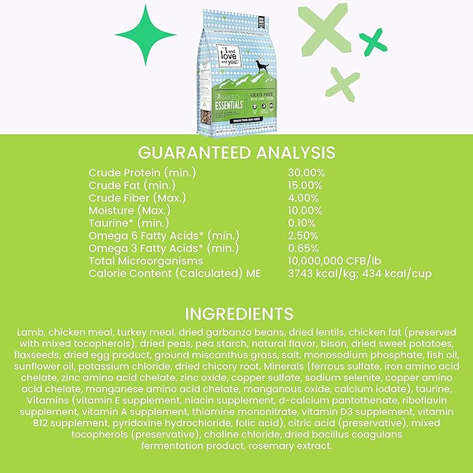 I and love and you Naked Essentials Dry Dog Food - Lamb + Bison - High Protein, Real Meat, No Fillers, Prebiotics + Probiotics, 11lb Bag
