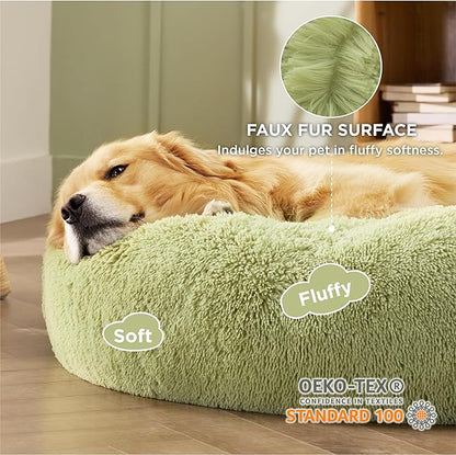 Bedsure Calming Dog Bed for Extra Large Dogs - Donut Washable Large Pet Bed, Anti-Slip Round Fluffy Plush Faux Fur Dog Bed, Fits up to 125 lbs Pets, Green, 45 inches
