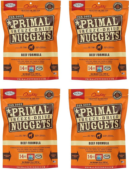 Primal Freeze Dried Dog Food Nuggets, Beef; Complete & Balanced Meal; Also Use as Topper or Treat; Premium, Healthy, Grain Free, High Protein Raw Dog Food, 14 oz (Pack of 4)