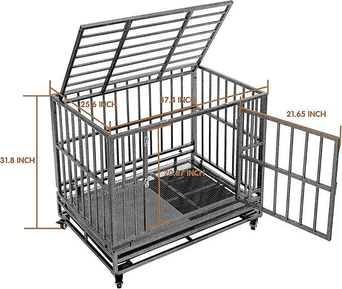38/42/46 inch Heavy Duty Extra Large Indestructible Dog Crate Kennel Indoor with Separation Anxiety Lockable Wheels and Removable Tray
