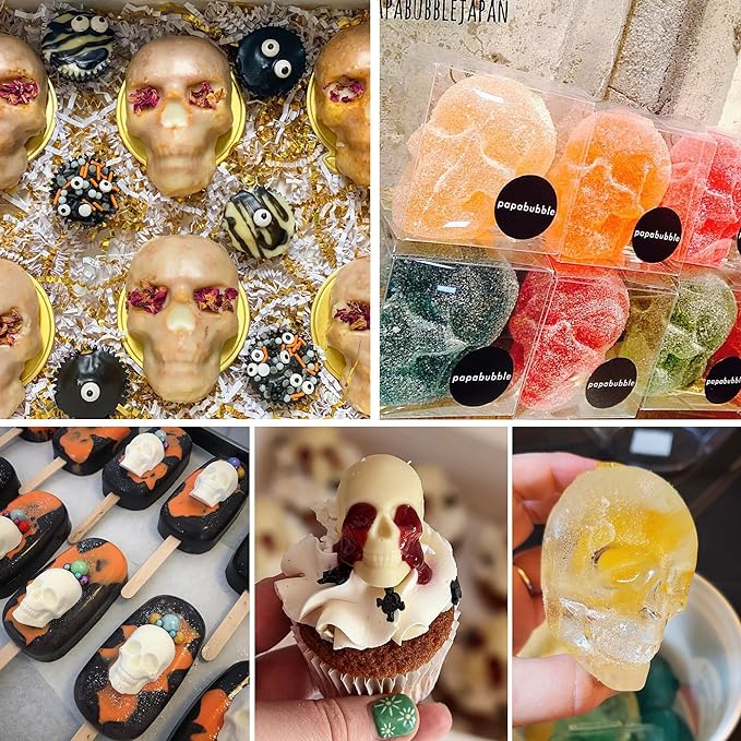 4Pcs Gummy Candy Molds, Gummy Bear Molds, Gummy Dinosaur Molds, Gummy Donut Molds and Gummy Hearts Molds, Non-stick Silicone Candy Molds with 2 Droppers (Skull)