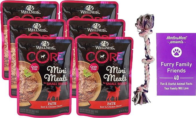 Wellness Core Mini Meals Small Breed Dog Food - Beef Chicken Pate (3 Ounces) - 6 Count - Plus Rope Toy and Fun Facts Booklet Bundle