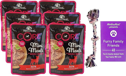 Wellness Core Mini Meals Small Breed Dog Food - Beef Chicken Pate (3 Ounces) - 6 Count - Plus Rope Toy and Fun Facts Booklet Bundle