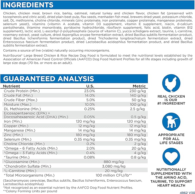 NutriSource Adult Dog Food, Made with Chicken and Rice, Large Breed, with Wholesome Grains, 30LB, Dry Dog Food