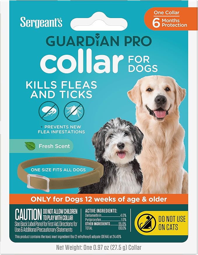 Sergeant's Guardian Pro Flea & Tick Collar for Dogs, Kills Fleas & Ticks, Long Lasting Protection for 6 Months, Fresh Scent, One Size Fits All, 1 Collar