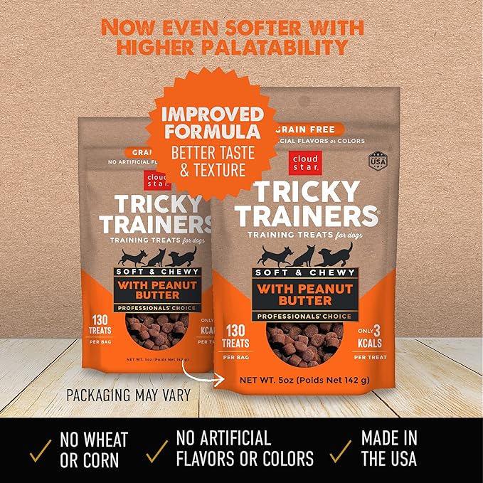 Cloud Star Tricky Trainers Soft & Chewy Dog Training Treats 5 oz Pouch, Peanut Butter Flavor, Grain-Free Low Calorie Behavior Aid with 130 treats