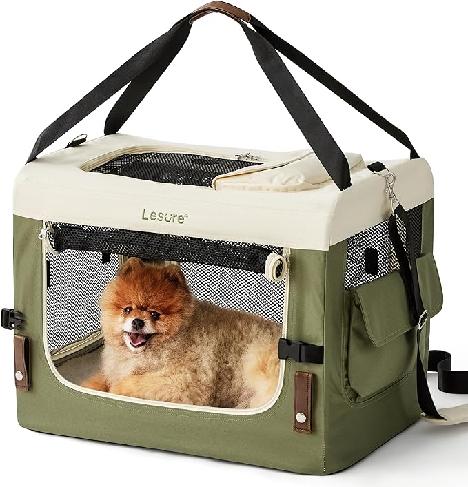 Lesure Collapsible Travel Dog Crate for Small Dogs, Portable Soft Dog Crate for Outdoor & Indoor, Folding Fabric Dog Kennel with Handle, 24 Inch Heavy Duty Pet Carrier (Green)
