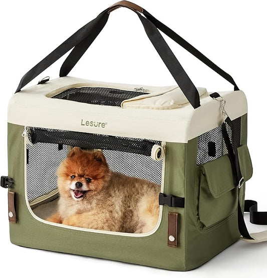 Lesure Collapsible Travel Dog Crate for Small Dogs, Portable Soft Dog Crate for Outdoor & Indoor, Folding Fabric Dog Kennel with Handle, 24 Inch Heavy Duty Pet Carrier (Green)