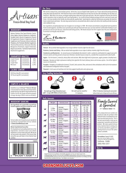 Grandma Lucy's Artisan Dog Food, Grain Free and Freeze-Dried - Artisan Venison, 3Lb Bag