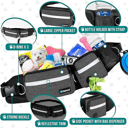 PetAmi Hands Free Dog Leash, Dog Running Leash Belt Bag for Walking, Jogging, Dog Waist Double Zipper Pouch with Poop Bag Dispenser, Dual Padded Handles Reflective Bungee Leash, Single