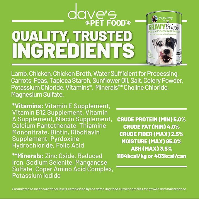 Dave's Pet Food Gravylicous Soft Wet Dog Food for Small & Large Dogs (Lamb with Veggies), Grain Free Canned Dog Food, Added Vitamins & Minerals, Wheat & Gluten-Free, 12oz Cans (Case of 12)