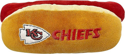 Pets First NFL Kansas City Chiefs HOT Dog Plush Dog & CAT Squeak Toy - Cutest HOT-Dog Snack Plush Toy for Dogs & Cats with Inner Squeaker & Beautiful Football Team Name/Logo 8 x 5 x 3 Inches