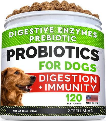 STRELLALAB Probiotic Treats for Finicky Eater Dogs - Digestive Enzymes + Prebiotics - Chewable Fiber Supplement - Chicken - 120ct