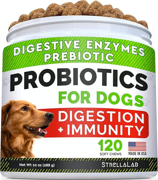 STRELLALAB Probiotic Treats for Finicky Eater Dogs - Digestive Enzymes + Prebiotics - Chewable Fiber Supplement - Chicken - 120ct