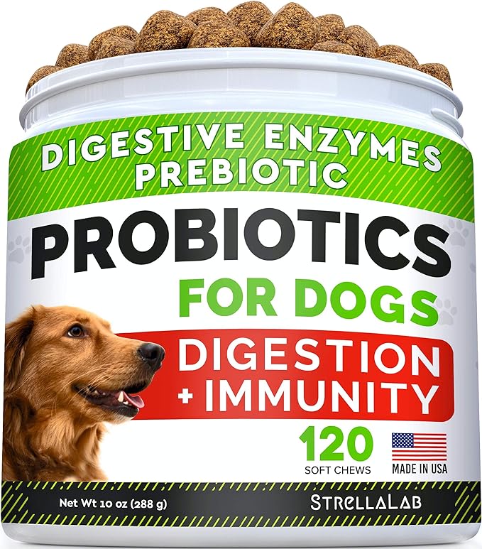 STRELLALAB Dog Probiotics Treats for Picky Eaters - Digestive Enzymes + Prebiotic - Chewable Fiber Supplement - Improve Digestion, Immunity - Liver - 100 Chews