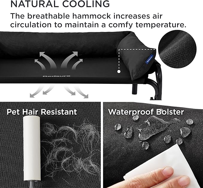 Bedsure Elevated Raised Outdoor Dog Bed - Cooling Dog Cot Bed with Bolster for Medium Dog, Lifted Pet Bed with Durable Breathable Teslin Mesh, Dog Hammock Bed with Non-Slip Feet, Black, 32 inches