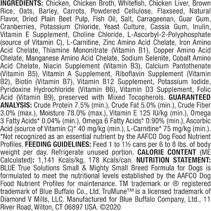 Blue Buffalo True Solutions Small & Mighty Natural Small Breed Adult Wet Dog Food, Chicken 5.5-oz cans (Pack of 24)