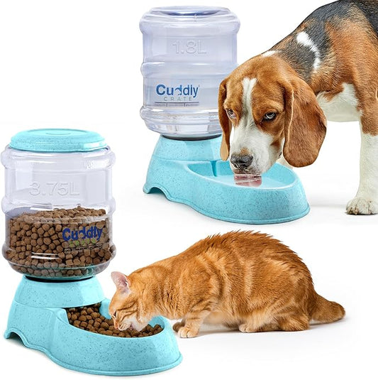 2 Pack Self Feeding Dog Food and Water Dispenser - 3.75L Automatic Pet Feeder for Small & Medium Dogs, Spill Proof Gravity Cat Feeder and Water Dispenser (Blue)