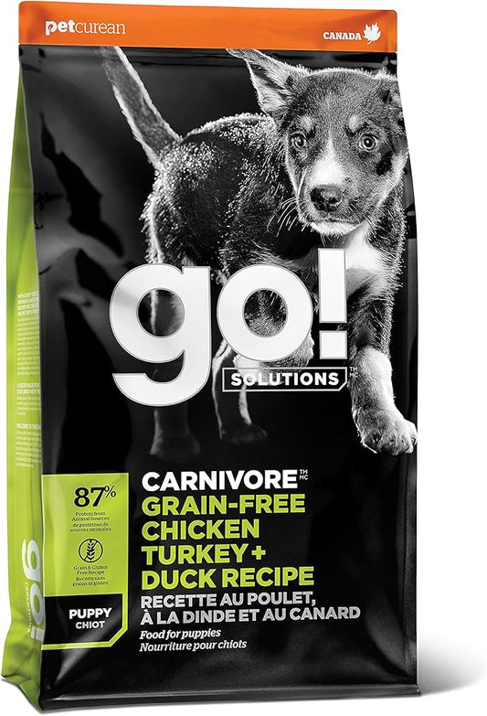 GO! SOLUTIONS Carnivore Grain Free Dog Food for Puppies, 12 lb – Chicken, Turkey + Duck Recipe – Protein Rich Puppy Food – Complete + Balanced Nutrition for Puppies