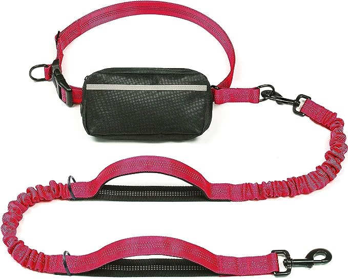 iYoShop Hands Free Dog Leash with Zipper Pouch, Dual Padded Handles and Durable Bungee for Walking, Jogging and Running Your Dog (Large, 25-120 lbs, Red)