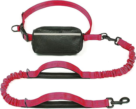 iYoShop Hands Free Dog Leash with Zipper Pouch, Dual Padded Handles and Durable Bungee for Walking, Jogging and Running Your Dog (Large, 25-120 lbs, Red)
