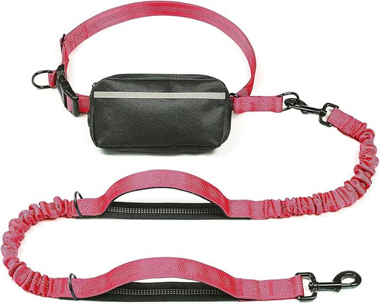 iYoShop Hands Free Dog Leash with Zipper Pouch, Dual Padded Handles and Durable Bungee for Walking, Jogging and Running Your Dog (Medium, 8-25 lbs, Red)