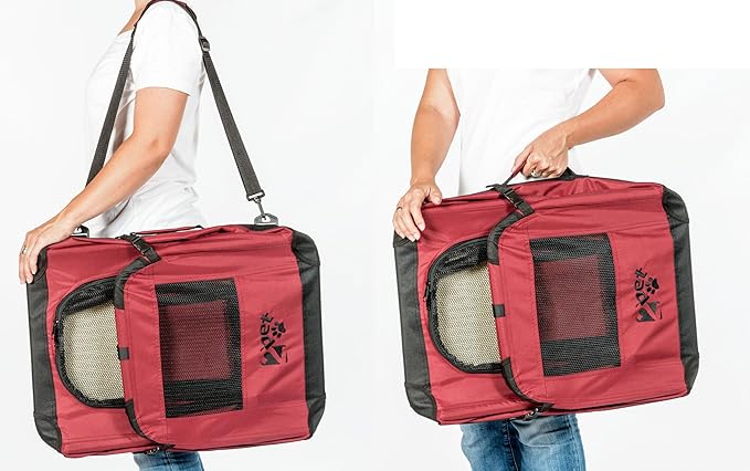 2PET Foldable Dog Crate - Soft, Easy to Fold & Carry Dog Crate for Indoor & Outdoor Use - Comfy Dog Home & Dog Travel Crate - Strong Steel Frame, Washable Fabric Cover, Frontal Zipper Large Red