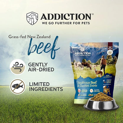 Addiction Steakhouse Beef & Zucchini Raw Alternative Dog Food - Gently Air-Dried Complete Meal or Dog Food Topper for Digestive and Skin and Coat Health, 2 lb
