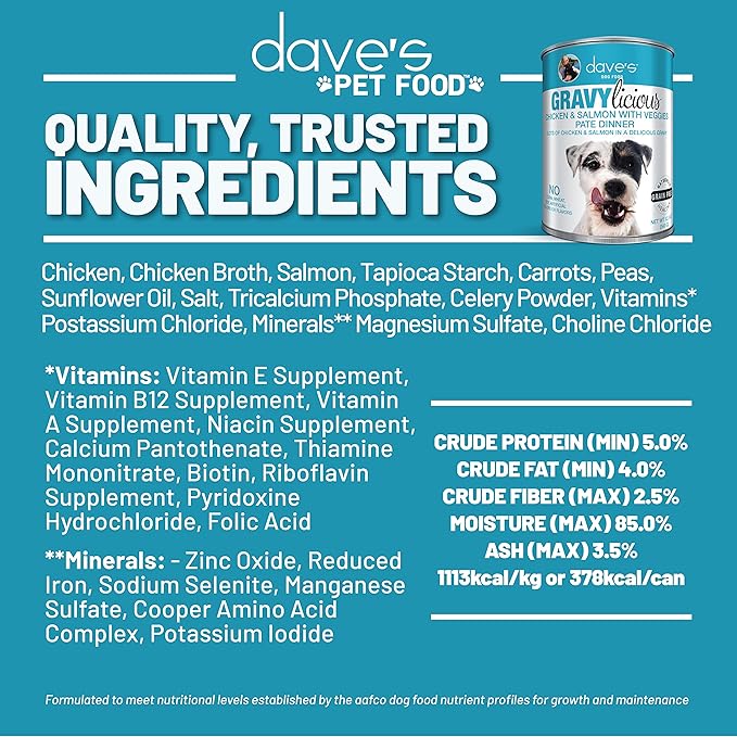 Dave’s Pet Food Gravylicous Soft Wet Dog Food for Small & Large Dogs (Chicken & Salmon with Veggies), Grain Free Canned Dog Food, Added Vitamins & Minerals, Wheat & Gluten-Free, 12oz Cans (Case of 12)