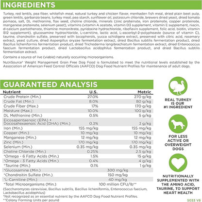 NutriSource Grain Free Dry Dog Food for Weight Management, Turkey, Whitefish Meal and Menhaden Fish Meal, 26LB
